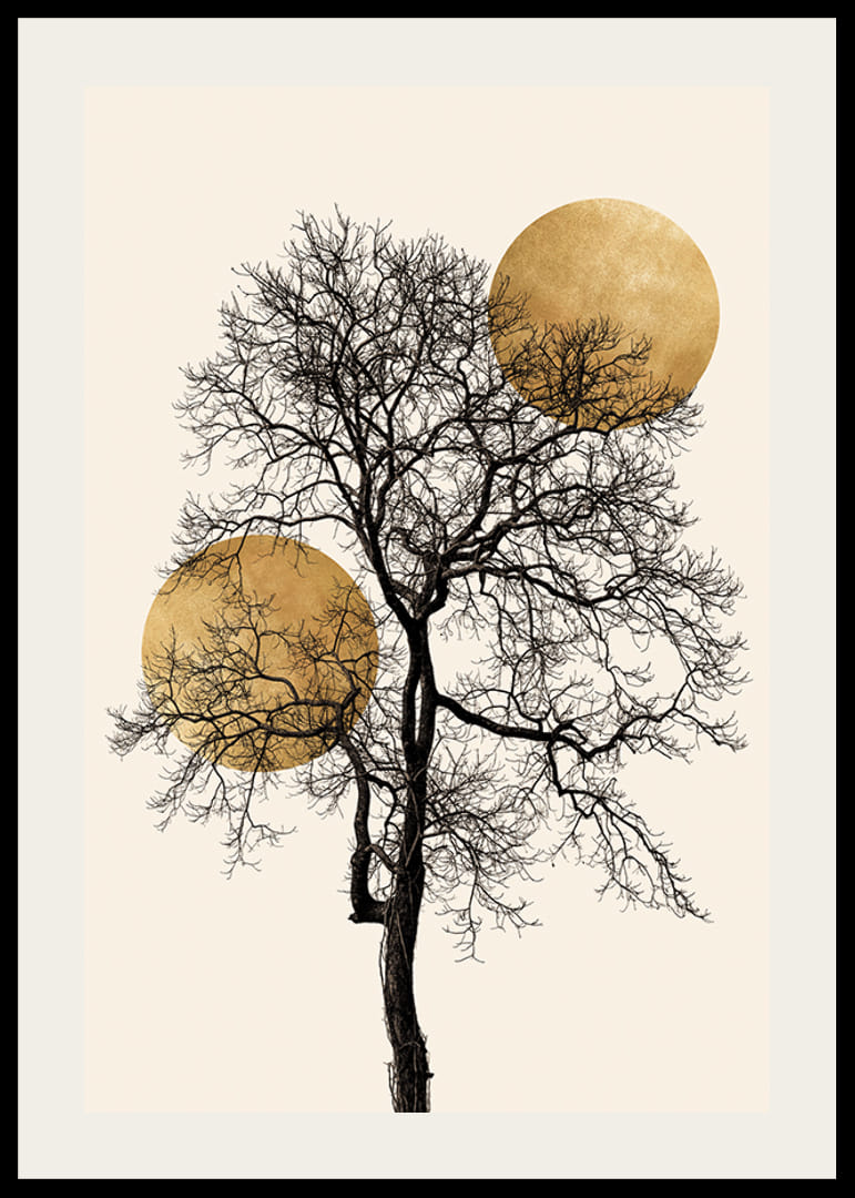 Abstract black tree with two golden suns on beige background-12