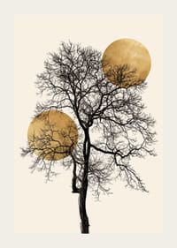 Abstract black tree with two golden suns on beige background-3