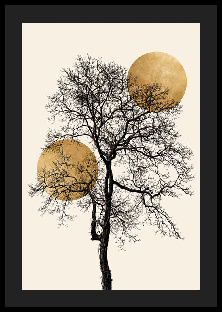 Abstract black tree with two golden suns on beige background-12