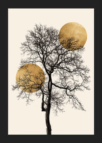 Abstract black tree with two golden suns on beige background-5