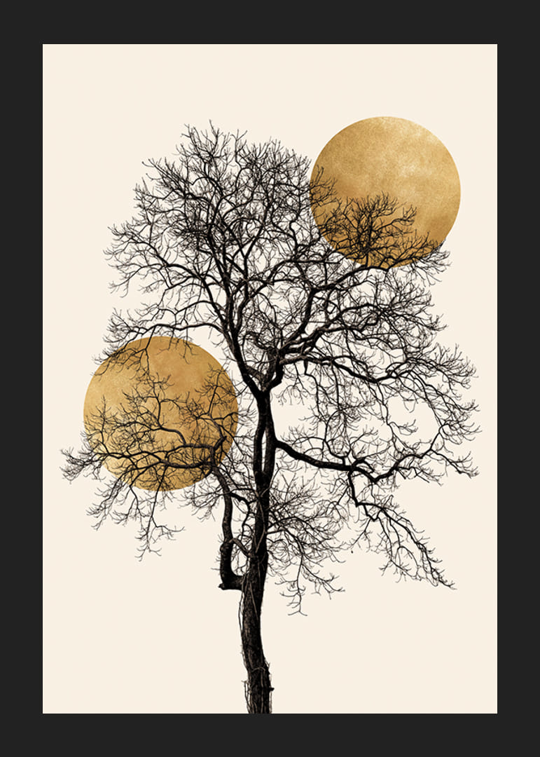 Abstract black tree with two golden suns on beige background-12