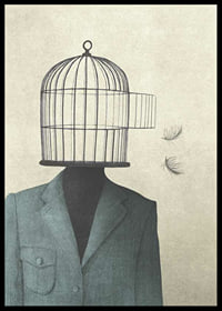Surreal illustration of man in suit with birdcage as head-6