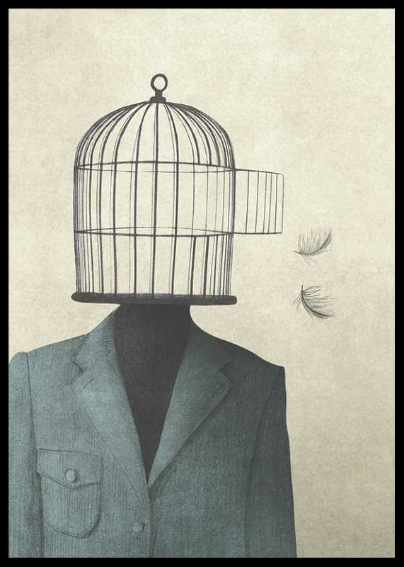 Surreal illustration of man in suit with birdcage as head-12