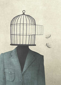 Surreal illustration of man in suit with birdcage as head-7