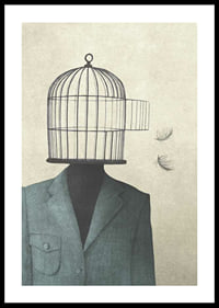 Surreal illustration of man in suit with birdcage as head-0