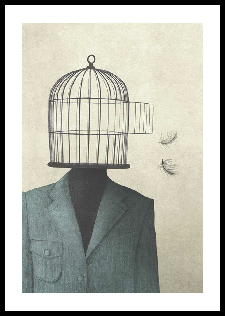 Surreal illustration of man in suit with birdcage as head-12
