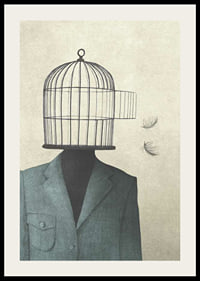 Surreal illustration of man in suit with birdcage as head-2