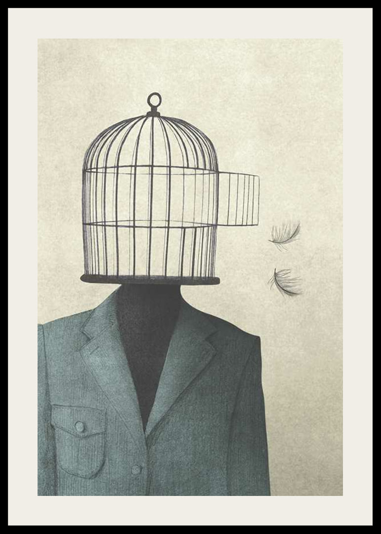 Surreal illustration of man in suit with birdcage as head-12