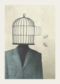 Surreal illustration of man in suit with birdcage as head-3