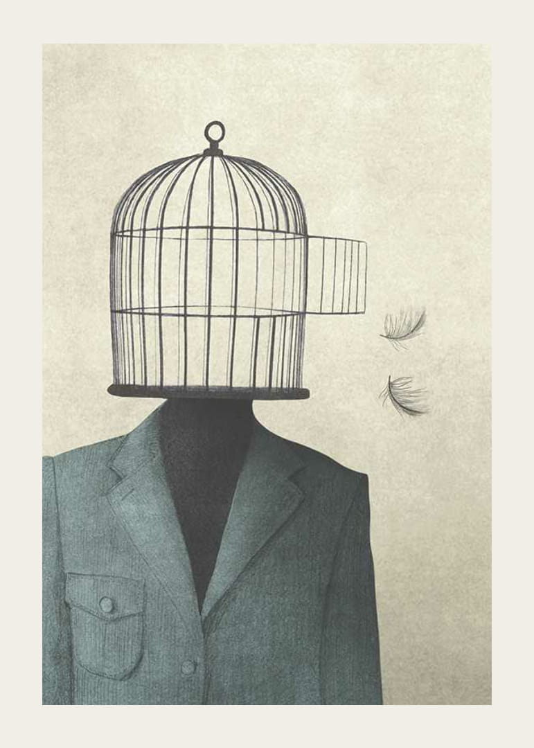 Surreal illustration of man in suit with birdcage as head-12