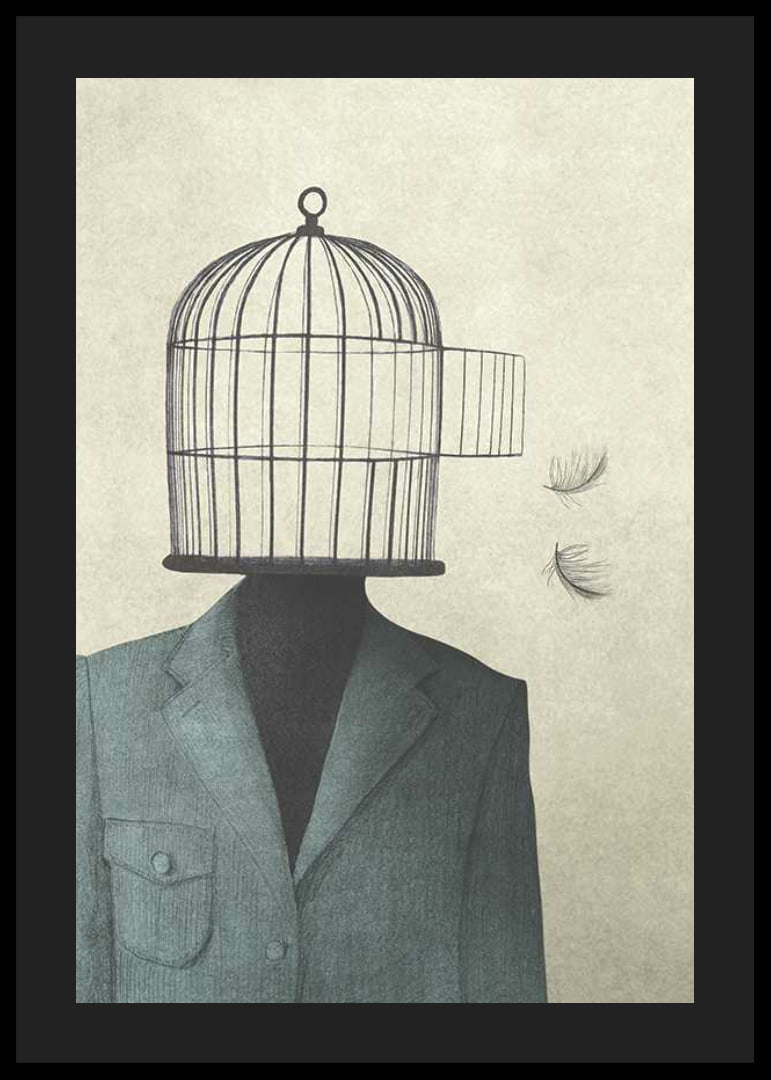 Surreal illustration of man in suit with birdcage as head-12