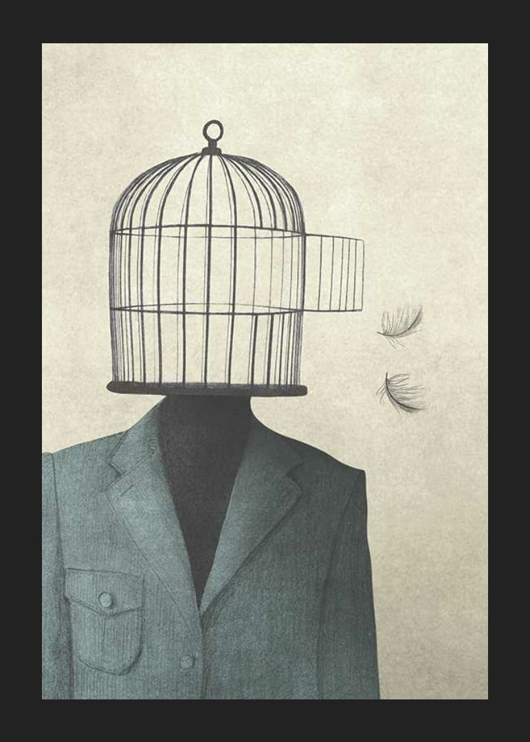 Surreal illustration of man in suit with birdcage as head-12