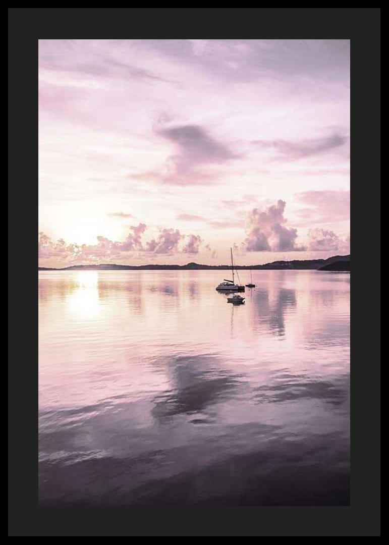 Photograph of sailboat on calm sea with purple sunset-12