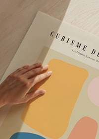 Abstract shapes in yellow, blue, pink and apricot on beige-3