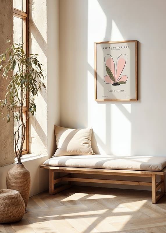 Abstrakt blomillustration med rosa blad och beige bakgrund-12