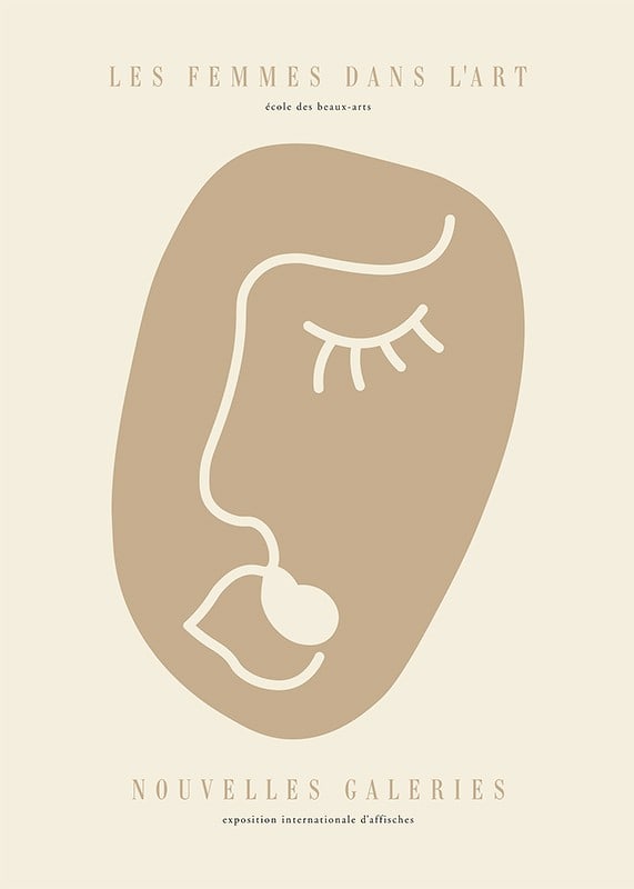 Abstract face in white line on beige background, graphic style-12