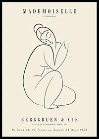 Abstract line drawing of sitting woman in black on beige-0