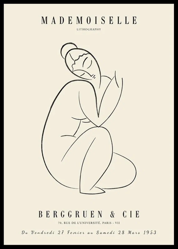 Abstract line drawing of sitting woman in black on beige-12
