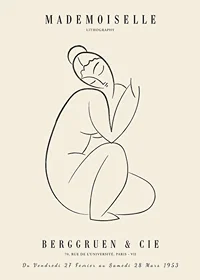 Abstract line drawing of sitting woman in black on beige-1