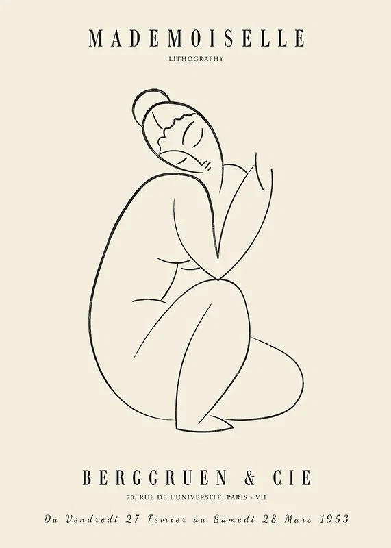 Abstract line drawing of sitting woman in black on beige-12