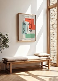 Abstract line drawing of faces against field in red, green and beige-2