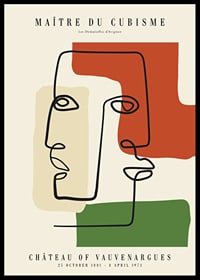 Abstract line drawing of faces against field in red, green and beige-0