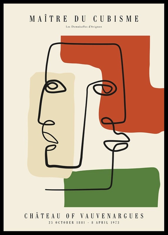 Abstract line drawing of faces against field in red, green and beige-12