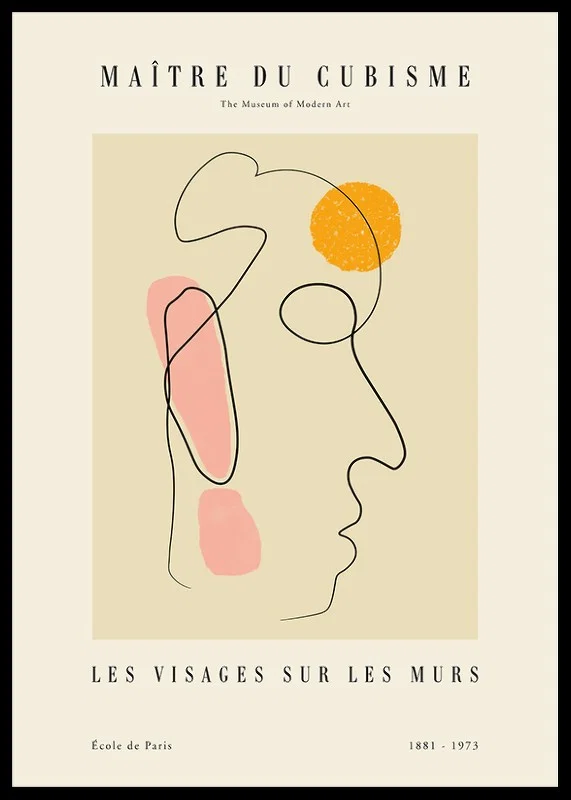Abstract face in line art with pink and orange shapes-12