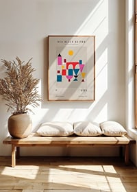 Geometric shapes in red, blue, yellow and pink on beige background-2