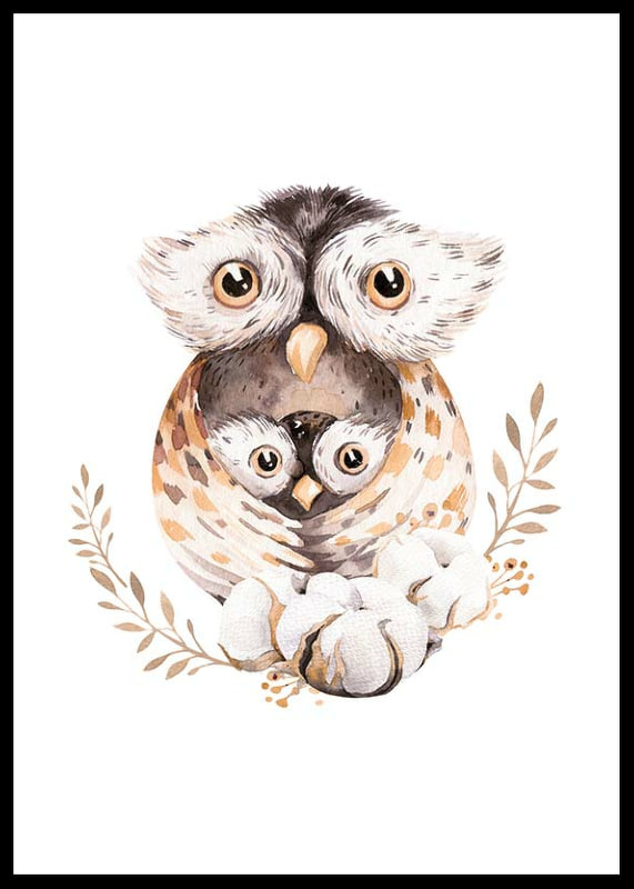 Watercolor of owl family in brown and beige tones on white background-12
