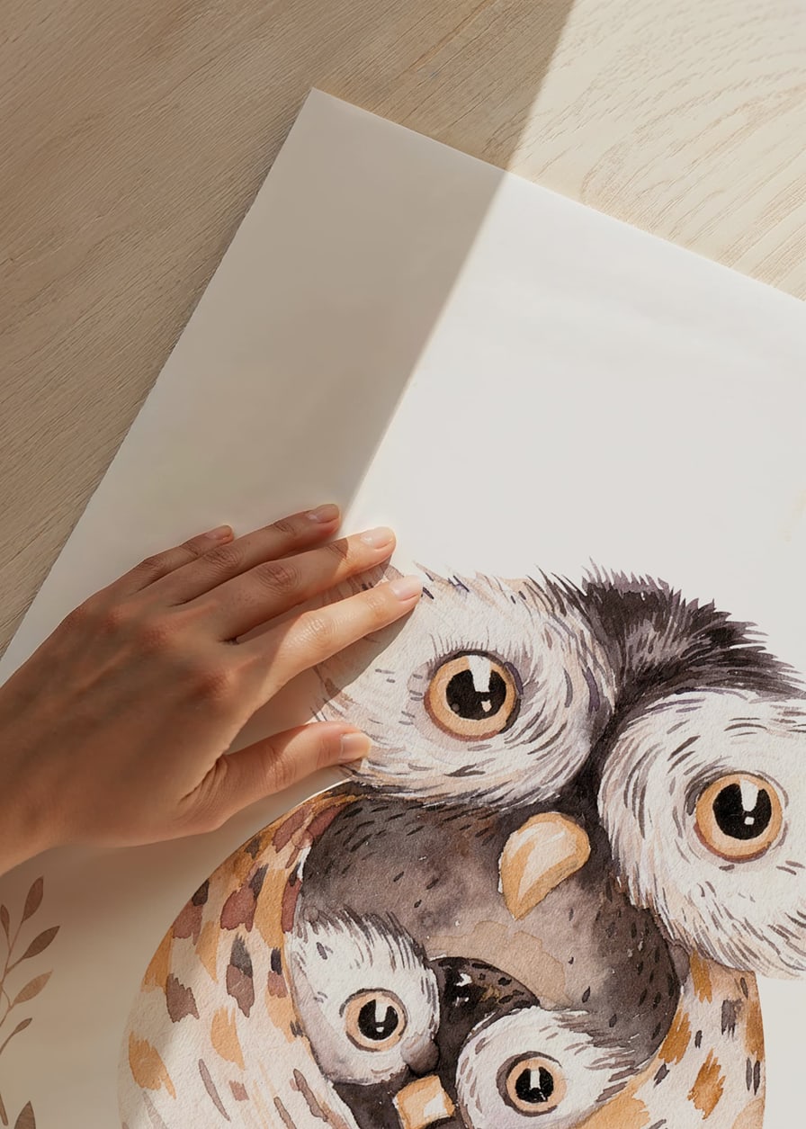 Watercolor of owl family in brown and beige tones on white background-12