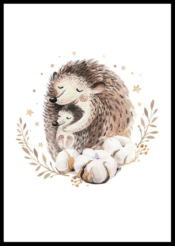 Watercolor illustration of hedgehogs surrounded by leaves and stars-12