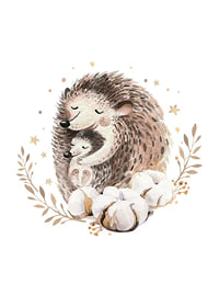 Watercolor illustration of hedgehogs surrounded by leaves and stars-1