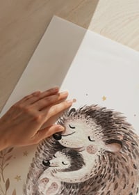 Watercolor illustration of hedgehogs surrounded by leaves and stars-3