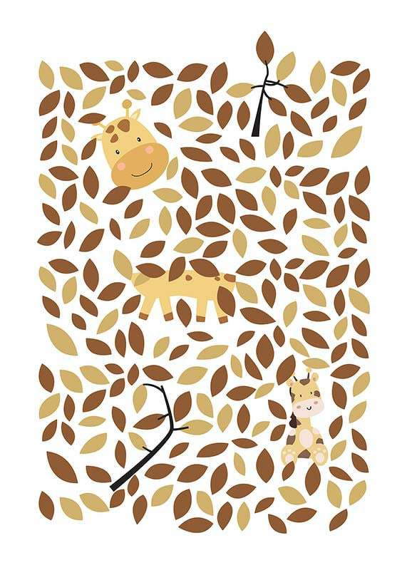 Illustrerade giraffer gömmer sig bland gula och bruna blad-12
