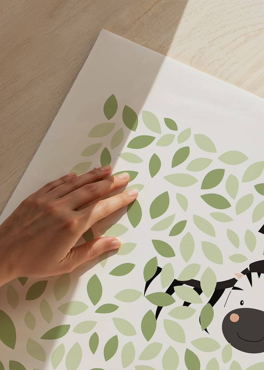 Illustrerad zebra gömmer sig bland gröna blad och grenar-12