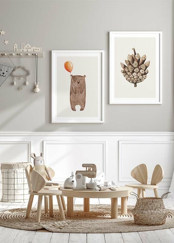 Illustrated brown bear with orange balloon on light background-12