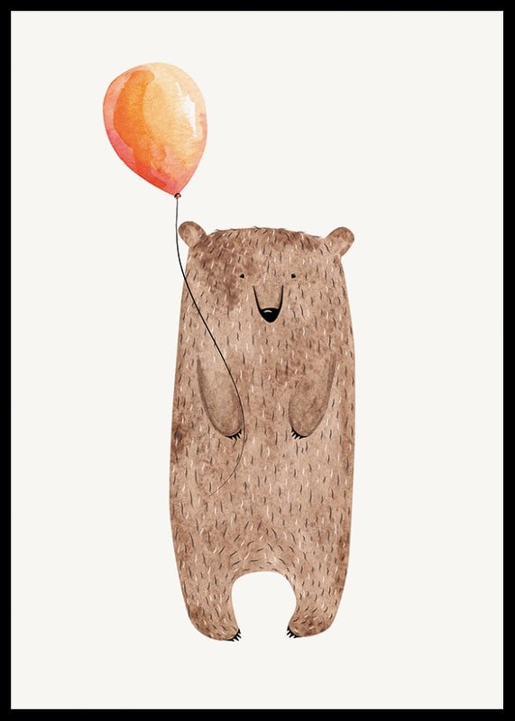 Illustrated brown bear with orange balloon on light background-12