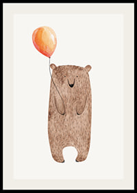 Illustrated brown bear with orange balloon on light background-2