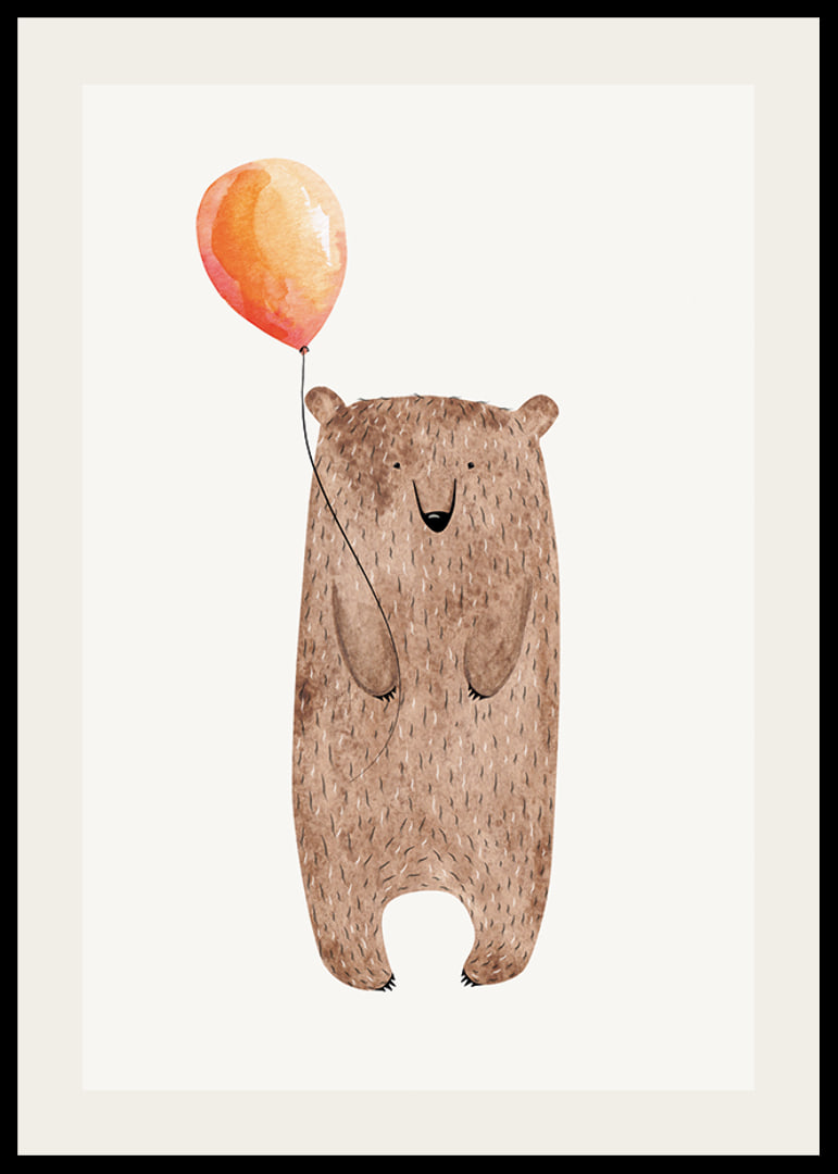 Illustrated brown bear with orange balloon on light background-12