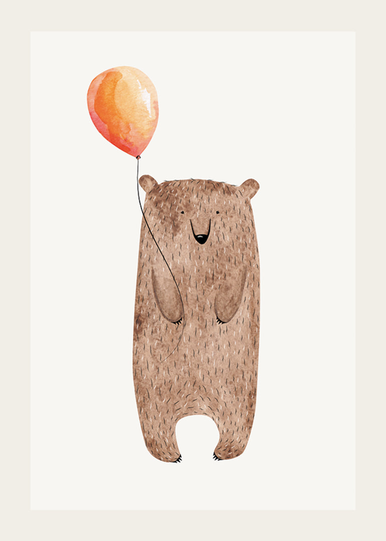 Illustrated brown bear with orange balloon on light background-12