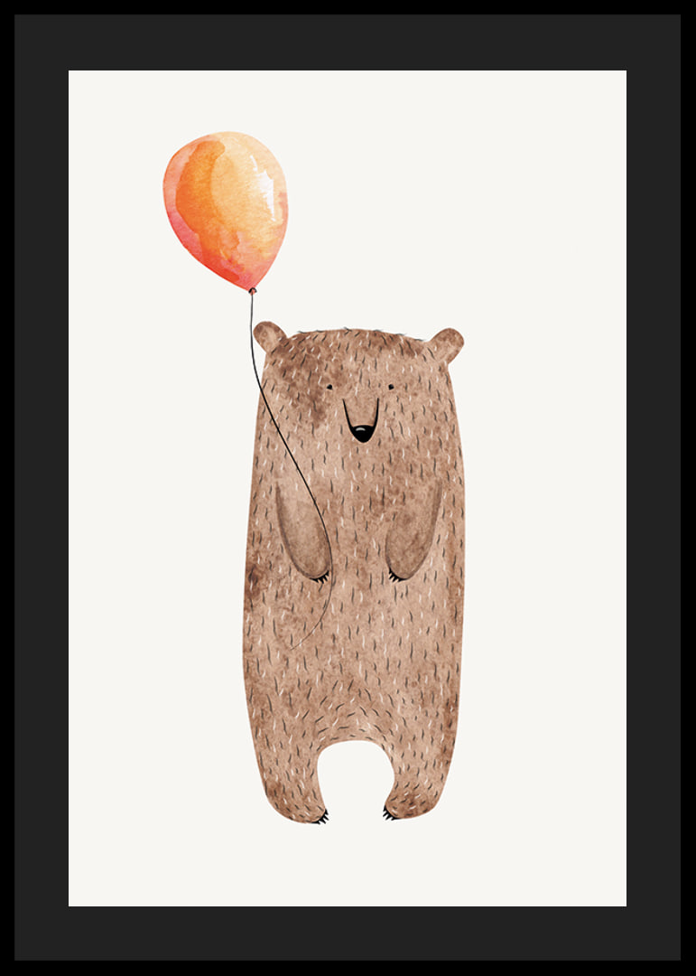 Illustrated brown bear with orange balloon on light background-12