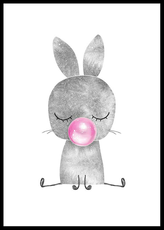 Illustrated gray rabbit with closed eyes blowing pink bubble gum-12