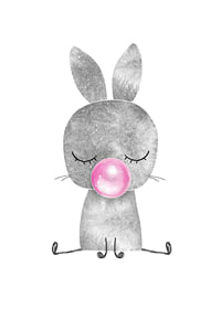 Illustrated gray rabbit with closed eyes blowing pink bubble gum-1