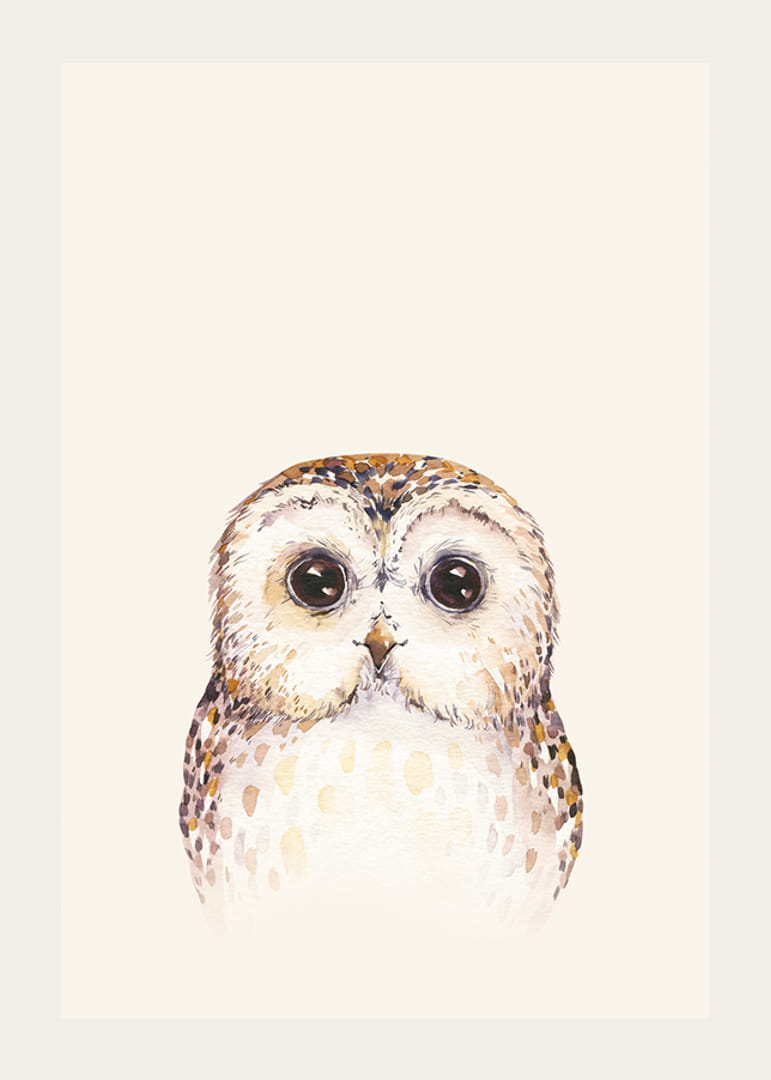Ilustración de acuarela de búho con ojos grandes sobre fondo beige-12