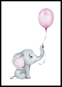 Akvarellillustration av liten grå elefant med rosa ballong-0