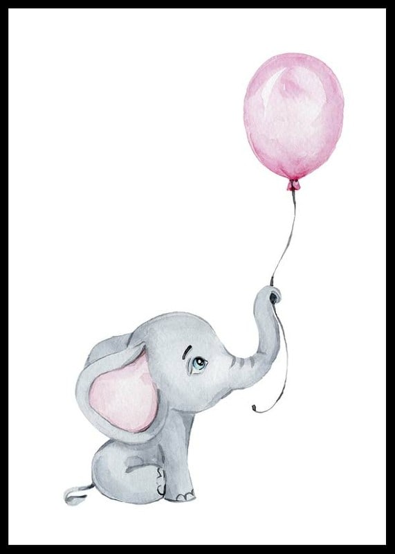 Akvarellillustration av liten grå elefant med rosa ballong-12