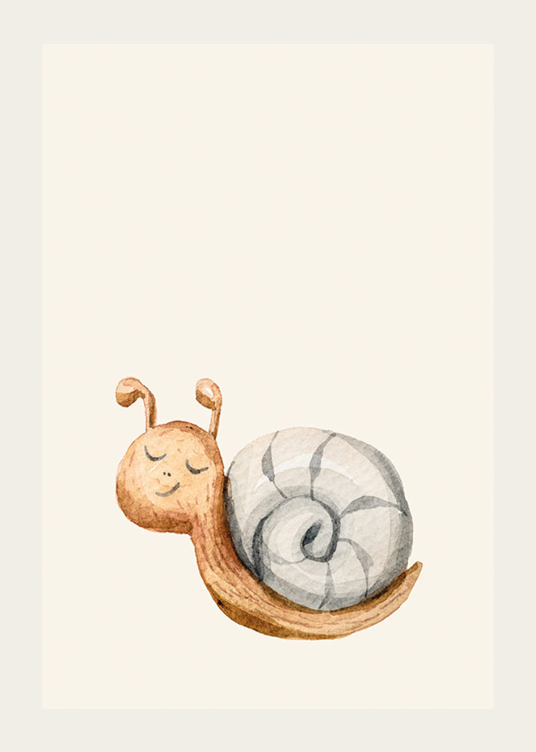 Geïllustreerde slak met grijs schelpje op lichtbeige achtergrond-12