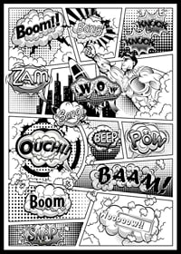 Black and white comic book illustration with hero theme and text sound effects-0