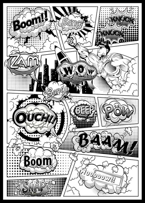 Black and white comic book illustration with hero theme and text sound effects-12
